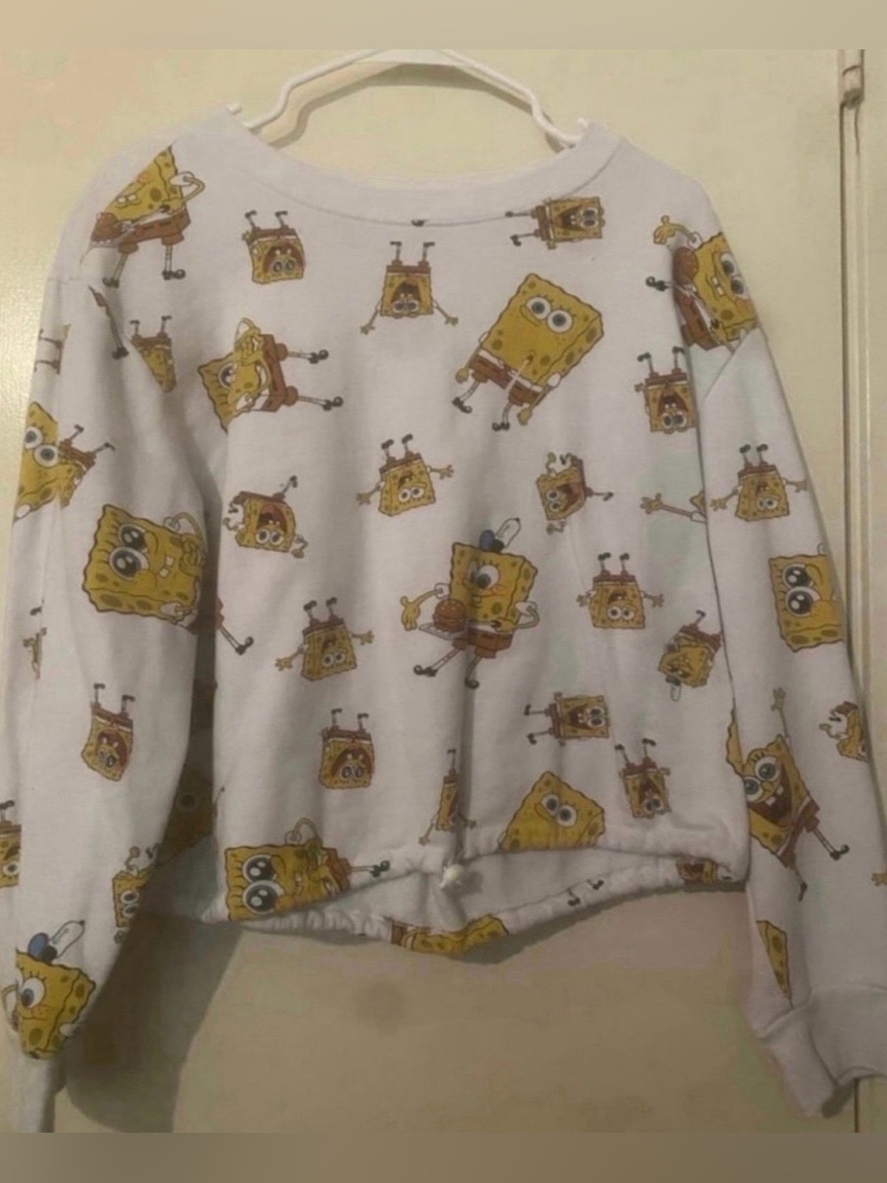 SpongeBob Squarepants White Crewneck Sweater with Yellow SpongeBob Print
